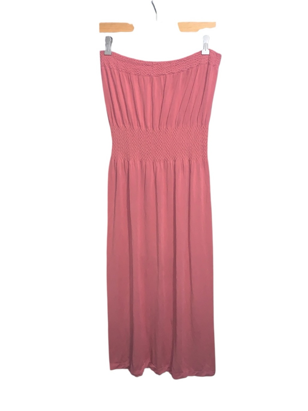 Lark + Grey Pink Smocked Strapless Midi Casual Dress